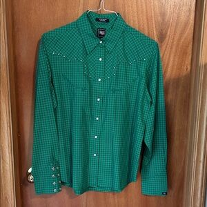 Women’s Cruel Girl Western Green and Purple Plaid Pearl Snap Shirt size large